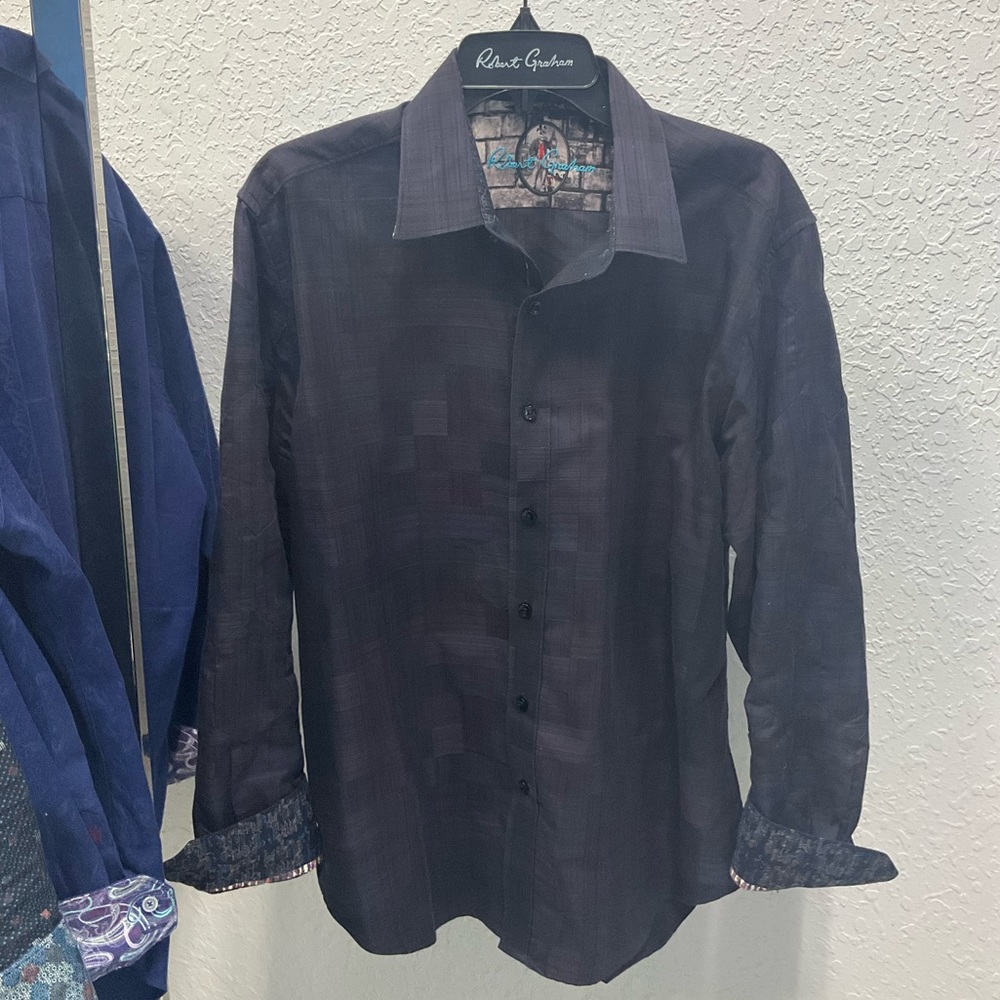 Robert Graham Navy Blue Patterned Long Sleeve Button Up Shirt, size L